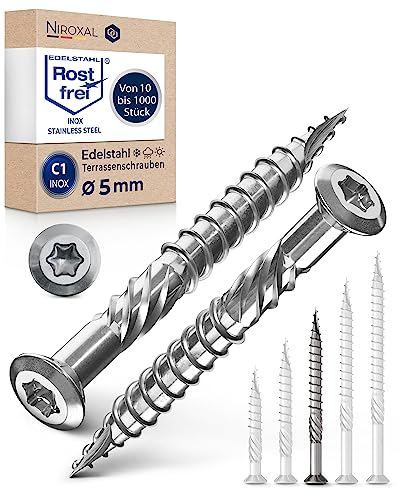 Torx - Lot de 50 vis de terrasse de 5 x 60 mm - En acier inoxydable C1 - Avec tête bombée - Encoche de coupe et nervures d'épluchage pour bois - Vis à bois hexagonales