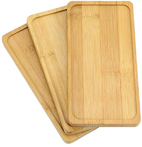 Tuoservo Lot de 3 plateaux en bambou, soucoupe rectangulaire, pot de fleurs pour plantes succulentes, plateau de service en bois, dessous de verre, support en papier