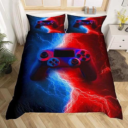 Homewish Gamer Gaming Bedding Sets Single Size,Lightnings Gamepad Duvet Cover, Video Games Comforter Cover for Kid Teens Boys and girls Man, Modern Bedroom Decor 2 Pcs Bedding Set,Red Blue