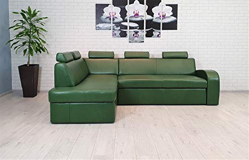 Quattro Meble Grünes Ledersofa Echtleder Ecksofa Antalya II 5z 245 x 164cm Sofa Couch mit Schlaffunktion, Bettkasten und Kopfstützen Eck Couch Echt Leder Antique Green (Ecke Links)