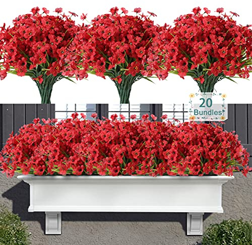 20 flores artificiales al aire libre resistentes a los rayos UV, imitación de plástico, arbustos de vegetación para interior y exterior, jardín, porche, jardinera, decoración de jardín (rojo)