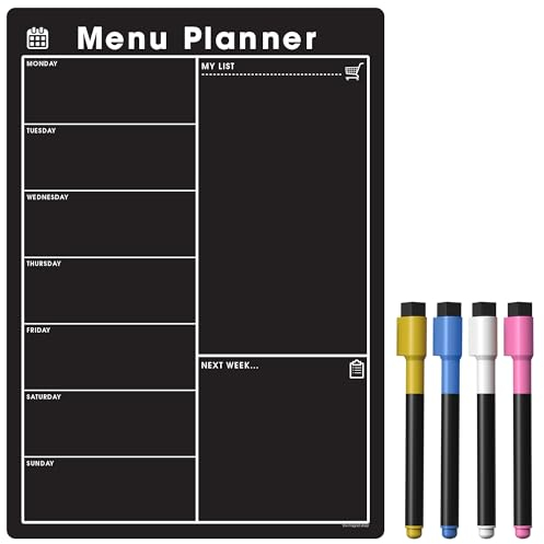 TMS Weekly Meal Planner for Fridge | Magnetic Whiteboard Calendar and Shopping List | Dry Wipe Memo Board for Kitchen | Made in The UK (A4 (30 x 21cm), Black Chalkboard)