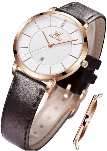 OLEVS Damen Quarzuhr Minimalistisch Casual Ultradünnes Design & Lederarmband & Wasserdicht & Datum Elegante Uhr, Weißes Zifferblatt/braunes Armband, Gurt