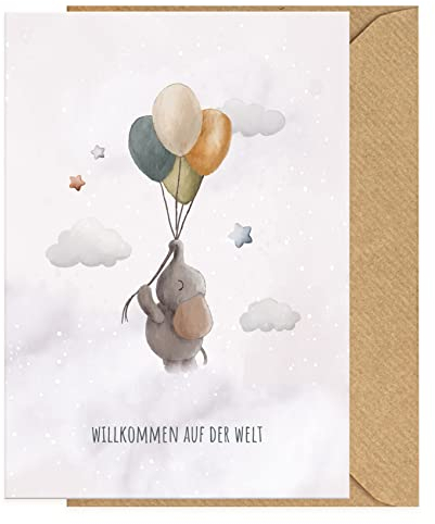 KOKO&LORA® Glückwunschkarte zur Geburt mit Umschlag Willkommen auf der Welt • moderne Grußkarte mit niedlichen Aquarell-Tieren für Mädchen und Jungen & Kraftpapier-Kuvert - Geschenk zur Geburt
