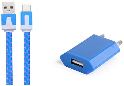 Pack Chargeur pour WIKO Power U30 Smartphone Type C (Cable Noodle 1m Chargeur + Prise Secteur USB) Murale Android (Bleu)
