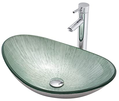 Ksunun Waschbecken Oval Gehärtetes Glas Aufsatzwaschbecken Modernes Design Handwaschbecken mit Messing Wasserhahn und Wasserablauf, Waschschale, für Bad und Gäste WC,Grün