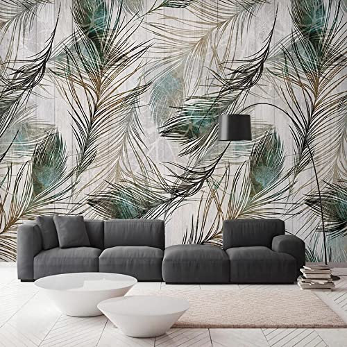 YABAOST Papier Peint Panoramique 3D 400X280Cm Décoration Murale Xxl Poster Tableaux Muraux Tapisserie Photo Trompe L'Oeil Vert Feuilles Plumes Canapé Tv Fond Mur Peinture Fond D'Écran