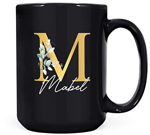 Personalised Letter M Floral Mug Initial with Name, Customised Gift, Gold Effect Printed Letter, NOT Metallic - Ceramic Coffee Cup for Men or Women, Extra Large and Giant Mug, 15oz Black Cup