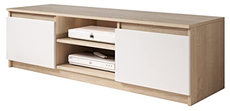 Mirjan24 TV Lowboard Mimires mit 2 Facher und 2 Türen, Grifflosem Öffnen, Fernsehtisch, TV Tisch, Fernsehschrank, Unterschrank, TV Board (Sonoma/Weiß, mit weißer LED Beleuchtung)