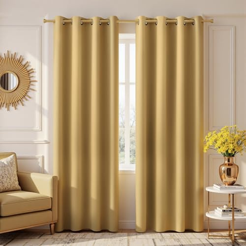 KOUFALL Gold Vorhänge 213 cm lang für Schlafzimmer 2 Paneele Luxus Elegant Verdunkelung Windwow Vorhänge Wohnzimmer