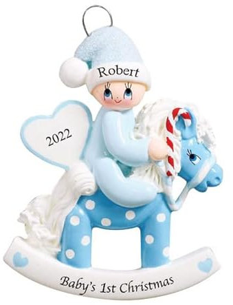 Personalised Baby’s First Christmas Boy Rocking Horse Xmas Tree Decoration Ornament 2025, Customised Rocking Horse Baby Boy Blue Newborn Keepsake Decoration, Custom Baby Boy 1st Xmas Decor