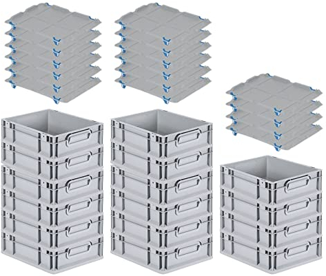 PROREGAL SuperSparSet 16x Eurobox NextGen Grip mit Auflagedeckel & 4 blauen Schiebeschnappverschlüssen, HxBxT 12x30x40cm, 11 L, Grau, Griffe geschlossen, Eurobehälter, Transportbox