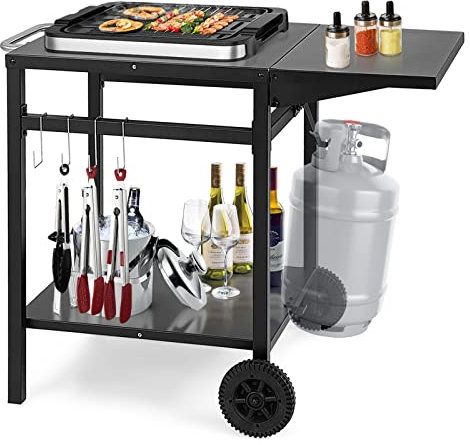 GOPLUS Desserte Jardin Chariot de Barbecue avec 2 Roues, Desserte Extérieur pour Barbecue, Plancha avec Plateau Pliant, 4 Crochets Métalliques,96,5x64x75cm, Noir