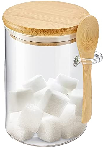 Storage Glass Jar with Bamboo Lid, 450Lm Airtight Food Clear Container with Spoon for Overnight Oats, Salt, Sugar, Spice, Tea, Coffee Bar Station Organizer, Pack of 1