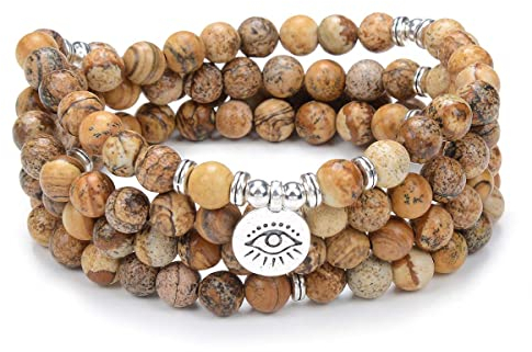 108 Mala Gebetsperlen Armband Halskette mit dem Bösen Auge des Schutzes Charm Viel Glück Yoga Schmuck (Bild Jaspis (Picture Jasper))