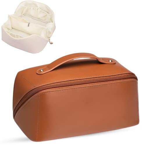 Large Travel Cosmetic Bag Cosmetic Organizer High Capacity Makeup Bag Storage Pouch PU Leather Makeup Box for Women Girls (Brown)
