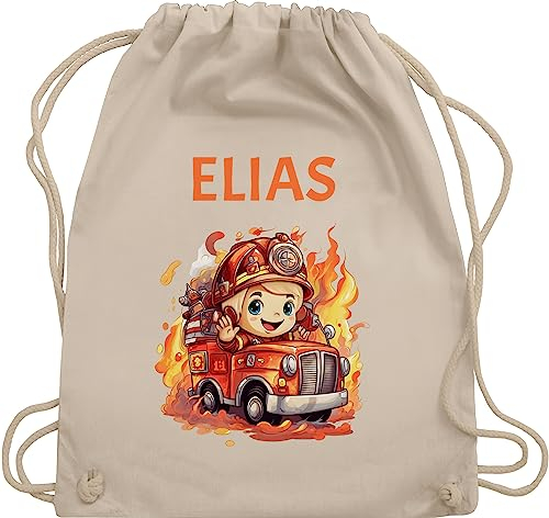 Turnbeutel Rucksack - Feuerwehr - Geschenk Feuerwehrmann mit Name personalisiert I Löschfahrzeug Motiv - Unisize - Naturweiß - turnsackerl kindergarten beutel für wechselwäsche feuerwehrauto