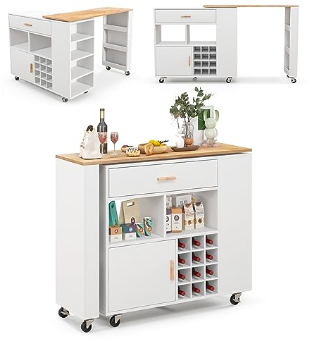 GIANTEX Küchenwagen & Bartisch Holz, Servierwagen mit Drehbare Arbeitsplatte, Küchenschrank mit Rollen, Kücheninsel mit Weinregal für 12 Flaschen, Kücheninselwagen mit Schublade & Gewürzregal, Weiß
