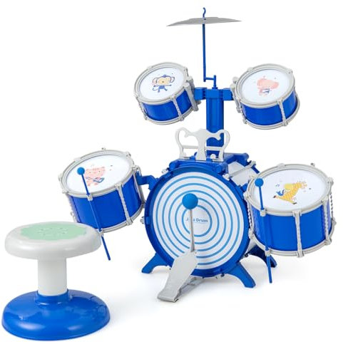 COSTWAY Kit de Batterie Enfants avec Tabouret & 5 Tambours, Tambours de Jazz avec Cymbale & 2 Baguettes, Pédale et Pupitre de Musique, Motifs Mignons, Jouet Educatif Précoce pour Enfants 3 Ans+