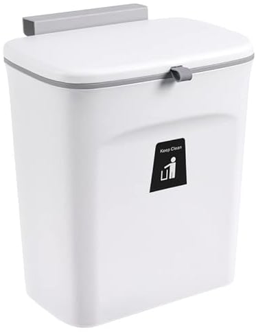 Poubelle Suspendue Cuisine avec Couvercle, 9L Poubelle à Compost Murale Cuisine, Poubelle Camping Car Suspendu pour Portes d'armoires, Placard, Salle de Bain, Sous l'évier (1, Blanc)