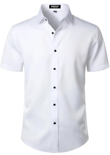 JEMITOP Men's Stretch Wrinkle Free Dress Shirts Formal Wedding Prom Short Sleeve Slim Fit Button Down Shirt, White, Large