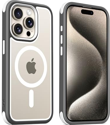 MobNano Hybrid Clear Magnetic iPhone 15 Pro Max Case, [Wireless Charging + MagSafe Support] Silicone Shockproof Bumper hard Transparent Outdoor Football Phone 15 Pro Max Cover - Grey/White