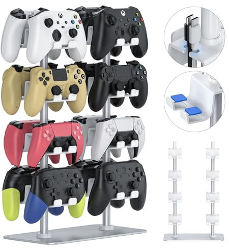 doenci 16 Controller Holder & Headphone Stand for PS5 PS4 Nintendo Switch Xbox & All Headsets - Maximum Capacity Controller Organiser with Aluminium Base & Weighted Metal Base for Desk