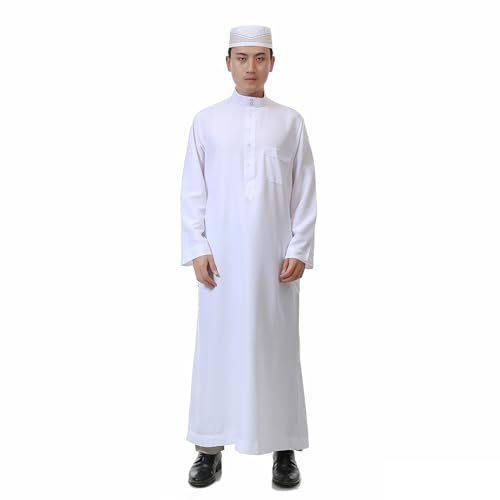 RUIXIA Mens Muslim Kleidung Arabische Robe Herren Kaftan Langarm Herren Lang Ärmel Dubai Thobe Ramadan Gebetskleidung für Männer Kaftan Abaya Islamische Langarm Jalabiya Kleid Weiß mit Taschen