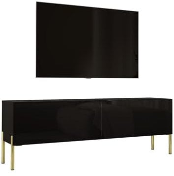 Meuble TV Bas Moderne - Noir Mat/Noir Brillant/Pieds Dorés - 140x52x32 cm