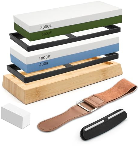 Sharpening Stone Set 400/1000/3000/8000 Whetstone Knife Sharpener with Anti-Slip Base, Flat Stone, Angle Guide, Belt Suitable for Home and Restaurant