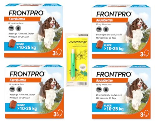 FRONTPRO Kautabletten für Hunde 10-25 kg 12-Monats-Set zum Schutz gegen Zecken und Flöhe mit Zeckenzange: Schützt bis zu 12 Monate