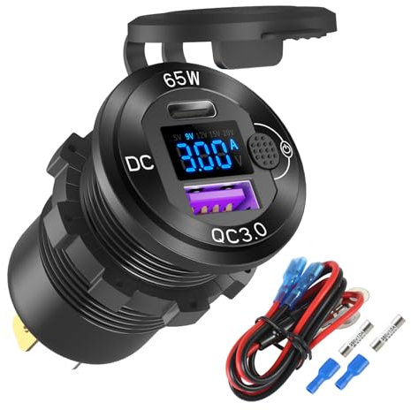 Prise USB 12V Chargeur de Voiture en Aluminium PD65W Port USB Voiture pour Ordinateurs Portables, Port U-S-B à Charge Rapide 3.0, Prise Boost intégrée Etanche à l'eau avec voltmètre et Interrupteur
