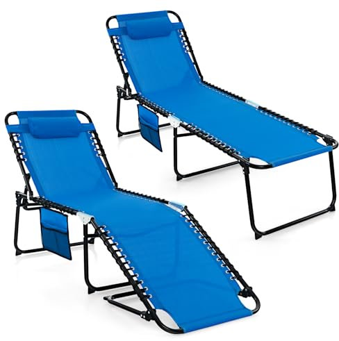 GYMAX Transat Extérieur pour Jardin, Chaise Longue Pliante avec Dossier et Repose-Pieds Réglables, Oreiller Amovible, Poche, pour Bain de Soleil, pour Piscine, Plage, Camping (Bleu)