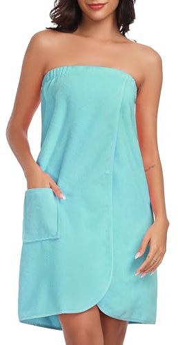Lovasy Sauna Bademantel Damen Frottee Saunatuch Saunakilt mit Taschen, Druckknopf und Gummizug,Pfauenblau,S-M