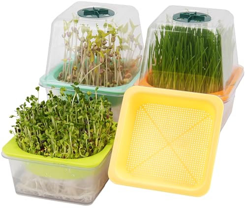 4er Keimschalen für Sprossen mit deckel, Kresse Anzuchtset mit Feuchtigkeitskuppel, 1,2 mm kleine Maschenlöcher, BPA-frei, Keimsprossen-Set für Microgreens wie Brokkoli, Alfalfa, Klee, Klar Base