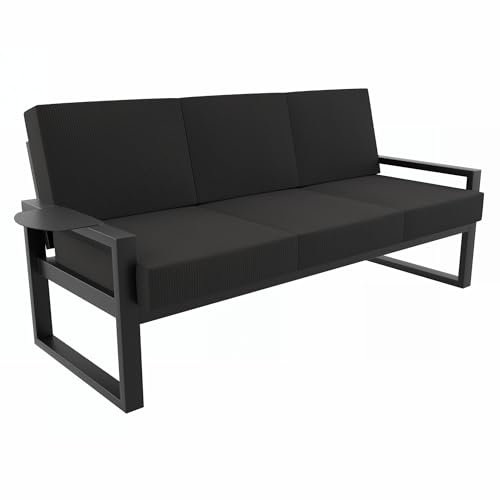 MetaloPro Gartensofa, 1x Dreisitzer, Metallrahmen mit Cordstoff Kissen, Terrassensofa, Outdoor Sofa, für Terrasse, Balkon, Garten, Schwarz
