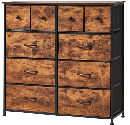 EROMMY Kommode mit Schubladen,Sideboard mit 10 Stoffschubladen,Metallgestell,Kationisches Material Stoffkommode für Schlafzimmer, für Wohnzimmer, Flur, Büro-Holzfarbe