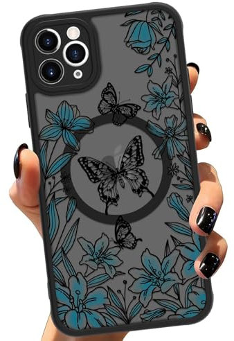 ZIYE for iPhone 11 Pro, Magnetic Matte Phone Case [Compatible with MagSafe] [Butterfly Lily Pattern Design] Black Bumper Hard Back Shockproof Cover for Women Girls (iPhone 11Pro) - Butterfly