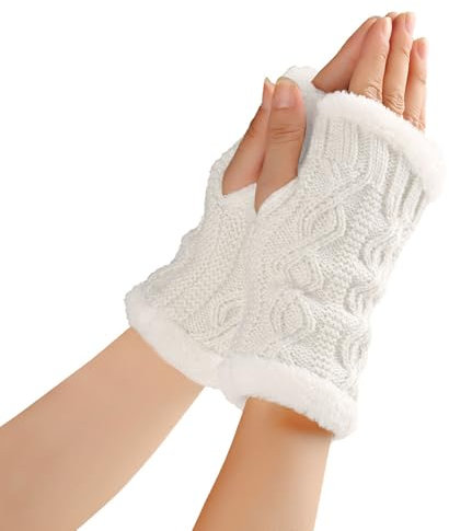 AYNKH Fingerless Gloves for Women, Thicken Plush Warm Knitted Gloves, Winter Mittens Half Finger Warmers for Girls Ladies Kids (White)