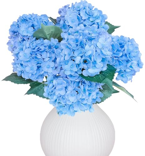 LA.PONEE 6PCS Premium Blue Silk Hydrangea Artificial Flowers Bouquets - Realistic Fake Hydrangea with Stems, Faux Flower Arrangement for Home Wedding Party Baby Shower Table Centerpieces Decoration