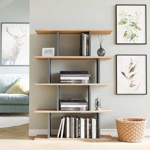 Hanah Home Stylish Wall-Mounted Bookshelf, Oak & Anthracite, 90 x 25 x 127.4 cm | 100% Melamine Coated Particle Board, 18 mm Thick | Space-Saving Design with Numerous Shelves