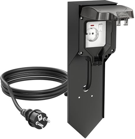 ledscom.de Steckdosensäule POXO mit Erdspieß und 2m Kabel für außen, IP65, 1-fach, schwarz, eckig, 40cm