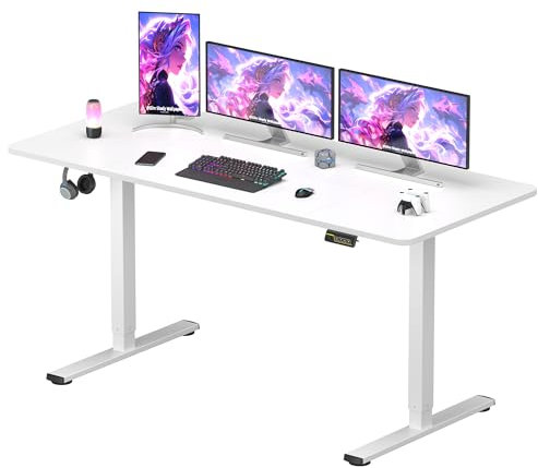 SANODESK QS-Gaming Escritorio Elevable Eléctrico 160x60 cm, Regulable en Altura, Control con Función de Memoria y Gancho, Blanco