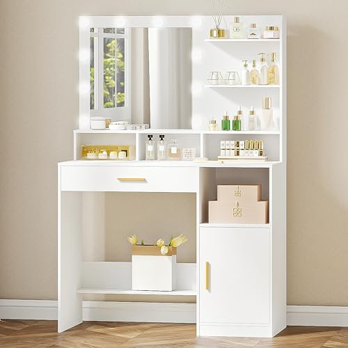 Hzuaneri Schminktisch mit Spiegel und 10 LED-Leuchten, Schminkkommode mit 3 Ablagen & 4 offenen Fächern, Schminktisch mit großer Schublade & Schrank, 3 Einstellbare Beleuchtungsstärken DT41303XEU
