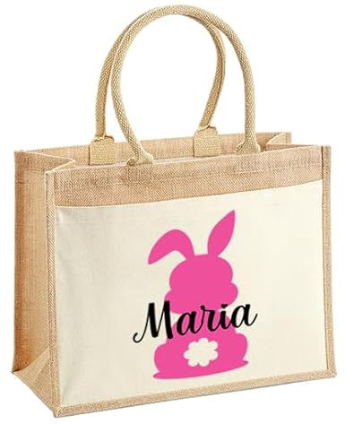LIEBTASTISCH Ostern - Jutetaschen - Personalisiert - Geschenkverpackung - Osternest - Osterkorb - Hase - Osterkorb - Geschenktüte - Frohe Ostern (Pink, L (42x33x19 cm))