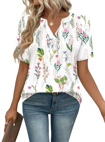 IECCP Women Tops White T Shirt Summer Tunics Ladies Blouses Pleated Floral Printed Fashion Dressy Clothes Shirts White Floral M (UK 12-14)