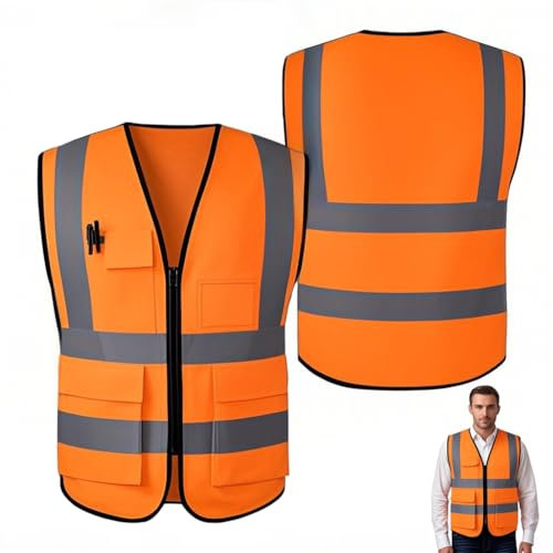 Senshuomy Hi-Vis Sleeveless Waistcoat: High Visibility Reflective Safety Vest with Pockets and Zipper for Women and Men,Suitable for Traffic Work,Surveying (XXL,Orange)
