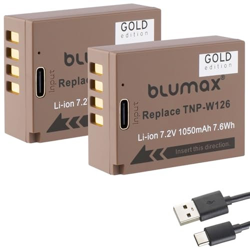 2 x Blumax Battery Replacement for Fujifilm NP-W126s | 1050 mAh - Fuji NP-W126 | - with USB Type-C Charging Port - X-M5 X100F X100VI X-A3 X-T3 X-T30 II X-M5 X-T50