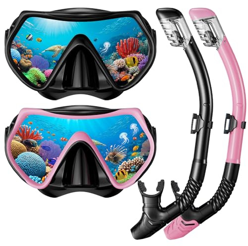 Schnorchelausrüstung für Erwachsene Männer Frauen, Dry-Top Schnorchelset Tauchmaske, 180° Panorama Weitsicht, Professionelle Atmung Frei Schnorchel Goggles Kit mit Nasenabdeckung für Schnorcheln