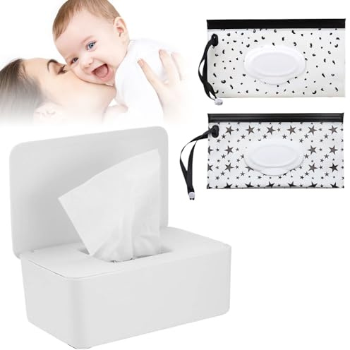 Baby Feuchttücherbox,Feuchttücher Tasche für Babys,Feuchttücher Box und 2 Feuchttücher Tasche Set,Feuchtes Toilettenpapier Box,Taschentuch Aufbewahrungsbox,Feuchttücher Spender,mit Deckel